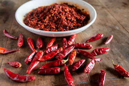 Close up the chili and chili sauceの写真素材