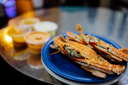Steamed crab served with variety of dippingの写真素材