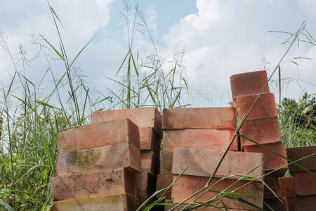 Pile of red bricks in dense grassesの写真素材