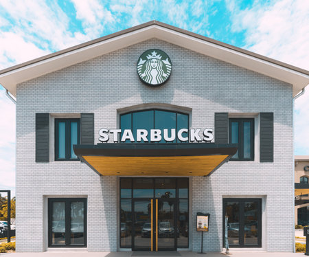 Bangkok, Thailand - May 24, 2018: Starbucks Coffee house branch on sunny day. Starbucks Corporation...