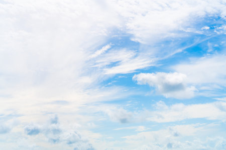 Clear blue sky on sunny day with sparse clouds, abstract background. Nature, air travel, weather...