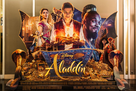 Bangkok, Thailand - May 29, 2019: Disney's Aladdin movie backdrop display in movie theatre. Cinema...