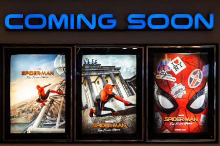 Bangkok, Thailand - Jun 26, 2019: Spider-Man: Far From Home movie poster with coming soon display showing in theatre. Cinema promotional advertisement, or film industry marketing conceptのeditorial素材