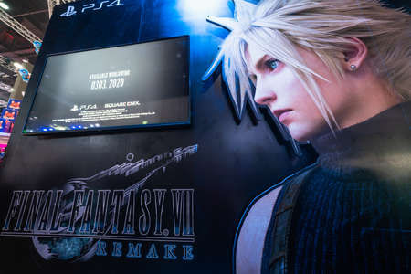 Bangkok, Thailand - Oct 25, 2019: Final Fantasy VII Remake advertisement backdrop with gameplay demo screen, shows in Thailand Game Show event (TGS 2019)のeditorial素材