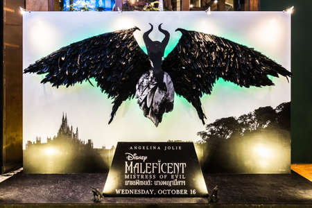 Bangkok, Thailand - Oct 1, 2019: Maleficent: Mistress of Evil movie poster backdrop display in cinema theatre. Movie advertisement or film entertainment industry conceptのeditorial素材