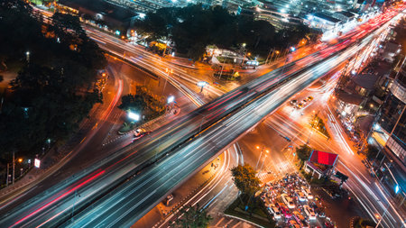Car traffic transportation on road, bridge at junction intersection in Asia urban city, night...