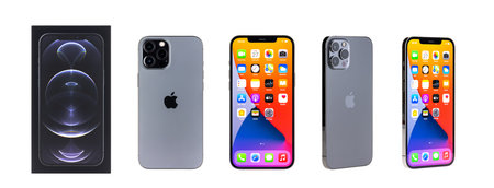 Bangkok, Thailand - Apr 27, 2021: Studio shot of new Apple iPhone 12 Pro Max graphite color, display...