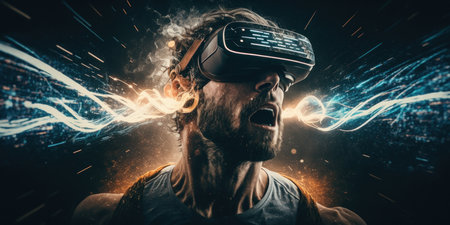 Young adult man wear virtual reality VR headset, enter the digital imagination world or video game. Futuristic entertainment technology, internet fun modern technology concept. Generative AIの素材