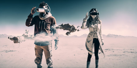 Young adult man and woman wear virtual reality VR headset, enter the digital imagination world or video game. Futuristic entertainment technology, internet fun modern technology concept. Generative AIの素材