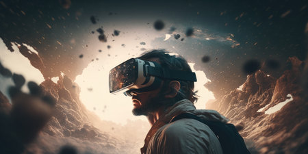 Young adult man wear virtual reality VR headset, enter the digital imagination world or video game. Futuristic entertainment technology, internet fun modern technology concept. Generative AIの素材