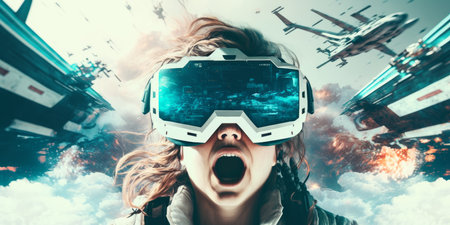 Young adult woman wear virtual reality VR headset, enter the digital imagination world or video game. Futuristic entertainment technology, internet fun modern technology concept. Generative AIの素材