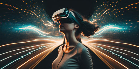 Young adult woman wear virtual reality VR headset, enter the digital imagination world or video game. Futuristic entertainment technology, internet fun modern technology concept. Generative AIの素材