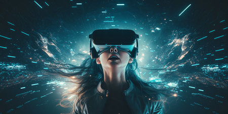 Young adult woman wear virtual reality VR headset, enter the digital imagination world or video game. Futuristic entertainment technology, internet fun modern technology concept. Generative AIの素材