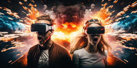 Young adult man and woman wear virtual reality VR headset, enter the digital imagination world or video game. Futuristic entertainment technology, internet fun modern technology concept. Generative AIの素材