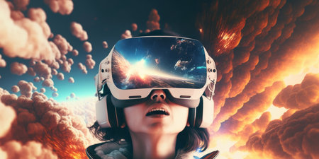 Young adult woman wear virtual reality VR headset, enter the digital imagination world or video game. Futuristic entertainment technology, internet fun modern technology concept. Generative AIの素材