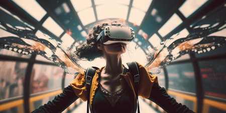 Young adult woman wear virtual reality VR headset, enter the digital imagination world or video game. Futuristic entertainment technology, internet fun modern technology concept. Generative AIの素材