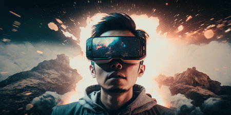 Young adult man wear virtual reality VR headset, enter the digital imagination world or video game. Futuristic entertainment technology, internet fun modern technology concept. Generative AIの素材