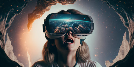 Young adult woman wear virtual reality VR headset, enter the digital imagination world or video game. Futuristic entertainment technology, internet fun modern technology concept. Generative AIの素材