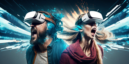 Young adult man and woman wear virtual reality VR headset, enter the digital imagination world or video game. Futuristic entertainment technology, internet fun modern technology concept. Generative AIの素材