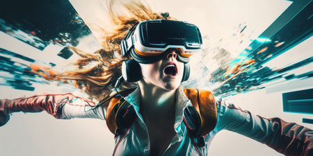 Young adult woman wear virtual reality VR headset, enter the digital imagination world or video game. Futuristic entertainment technology, internet fun modern technology concept. Generative AIの素材