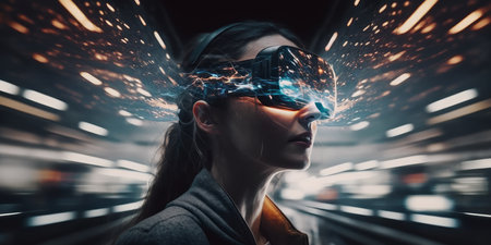 Young adult woman wear virtual reality VR headset, enter the digital imagination world or video game. Futuristic entertainment technology, internet fun modern technology concept. Generative AIの素材