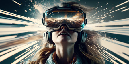 Young adult woman wear virtual reality VR headset, enter the digital imagination world or video game. Futuristic entertainment technology, internet fun modern technology concept. Generative AIの素材