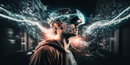 Young adult man wear virtual reality VR headset, enter the digital imagination world or video game. Futuristic entertainment technology, internet fun modern technology concept. Generative AIの素材