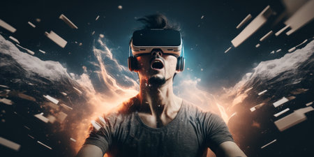 Young adult man wear virtual reality VR headset, enter the digital imagination world or video game. Futuristic entertainment technology, internet fun modern technology concept. Generative AIの素材