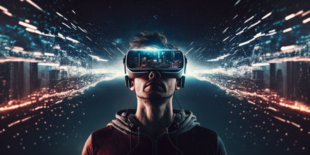 Young adult man wear virtual reality VR headset, enter the digital imagination world or video game. Futuristic entertainment technology, internet fun modern technology concept. Generative AIの素材