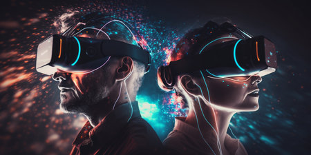 Young adult man and woman wear virtual reality VR headset, enter the digital imagination world or video game. Futuristic entertainment technology, internet fun modern technology concept. Generative AIの素材