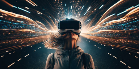 Young adult woman wear virtual reality VR headset, enter the digital imagination world or video game. Futuristic entertainment technology, internet fun modern technology concept. Generative AIの素材