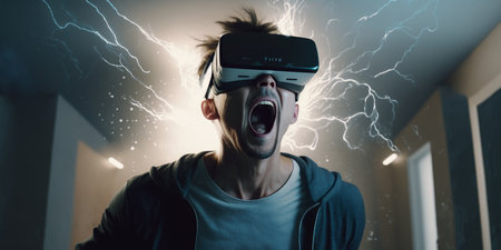 Young adult man wear virtual reality VR headset, enter the digital imagination world or video game. Futuristic entertainment technology, internet fun modern technology concept. Generative AIの素材