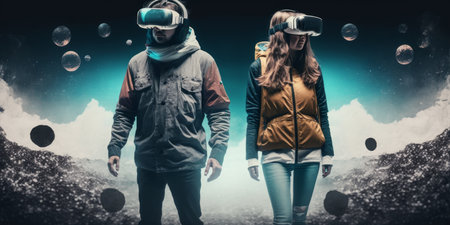 Young adult man and woman wear virtual reality VR headset, enter the digital imagination world or video game. Futuristic entertainment technology, internet fun modern technology concept. Generative AIの素材