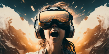 Young adult woman wear virtual reality VR headset, enter the digital imagination world or video game. Futuristic entertainment technology, internet fun modern technology concept. Generative AIの素材