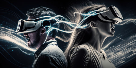Young adult man and woman wear virtual reality VR headset, enter the digital imagination world or video game. Futuristic entertainment technology, internet fun modern technology concept. Generative AIの素材