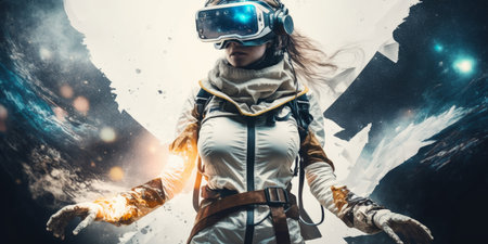Young adult woman wear virtual reality VR headset, enter the digital imagination world or video game. Futuristic entertainment technology, internet fun modern technology concept. Generative AIの素材