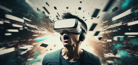 Young adult man wear virtual reality VR headset, enter the digital imagination world or video game. Futuristic entertainment technology, internet fun modern technology concept. Generative AIの素材