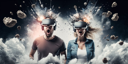 Young adult man and woman wear virtual reality VR headset, enter the digital imagination world or video game. Futuristic entertainment technology, internet fun modern technology concept. Generative AIの素材