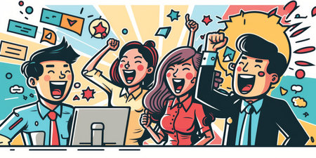 Young happy Asian business man, woman work together, celebrate success in start up office. Creative team meeting, businesspeople colleague partnership, office coworker teamwork concept. Generative AIの素材