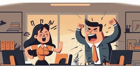 Young happy Asian business man, woman work together, celebrate success in start up office. Creative team meeting, businesspeople colleague partnership, office coworker teamwork concept. Generative AIの素材