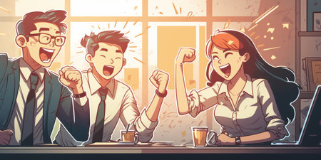 Young happy Asian business man, woman work together, celebrate success in start up office. Creative team meeting, businesspeople colleague partnership, office coworker teamwork concept. Generative AIの素材
