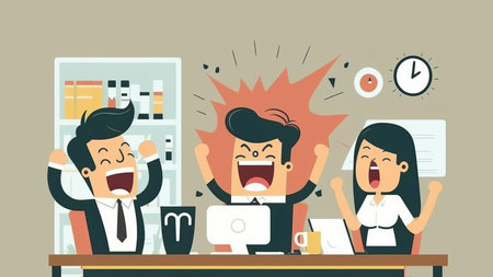 Young happy Asian business man, woman work together, celebrate success in start up office. Creative team meeting, businesspeople colleague partnership, office coworker teamwork concept. Generative AIの素材