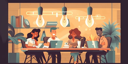 Young happy multiethnic business man woman work together, celebrate success in start up office. Creative team meeting, businesspeople colleague partnership or office coworker teamwork. Generative AIの素材