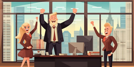 Young happy multiethnic business man woman work together, celebrate success in start up office. Creative team meeting, businesspeople colleague partnership or office coworker teamwork. Generative AIの素材