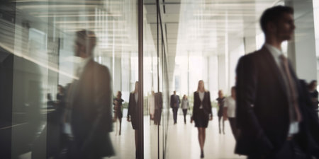 Blur background of businesspeople walk in corporate business office. Financial organization company, human resource job, people work life concept. Generative AIの素材
