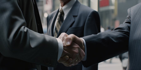 Business people in suit handshakes in corporate office or financial business district, close up. Agreement deal, organization collaboration, mergers and acquisitions concept. Generative AIの素材