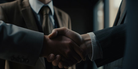 Business people in suit handshakes in corporate office or financial business district, close up. Agreement deal, organization collaboration, mergers and acquisitions concept. Generative AIの素材