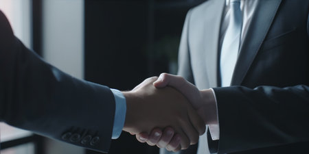 Business people in suit handshakes in corporate office or financial business district, close up. Agreement deal, organization collaboration, mergers and acquisitions concept. Generative AIの素材