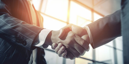 Business people in suit handshakes in corporate office or financial business district, close up. Agreement deal, organization collaboration, mergers and acquisitions concept. Generative AIの素材
