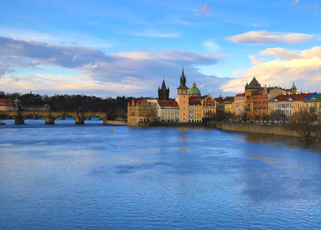 Czech Republic Prague Charles Bridge and Vltava river view of the historical part of the clock tower old housesのeditorial素材